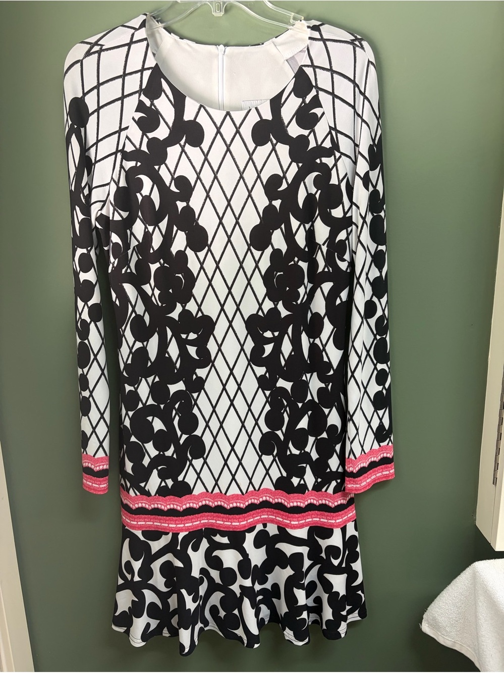 Joseph Ribkoff Black & White Patterned Long-Sleeve Dress with Pink Trim.
